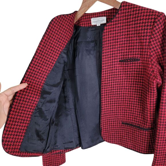 Charlotte Ford Vintage Womens Houndstooth Wool Open Blazer size 10 Red Black - Picture 3 of 12